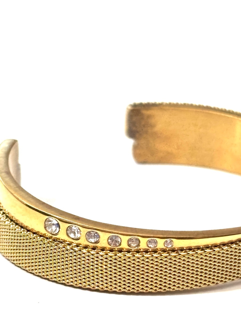 SKAGEN Gold Tone Mesh Crystal Rhinestone Open Cuff Bracelet Minimalist Modern - Picture 3 of 7
